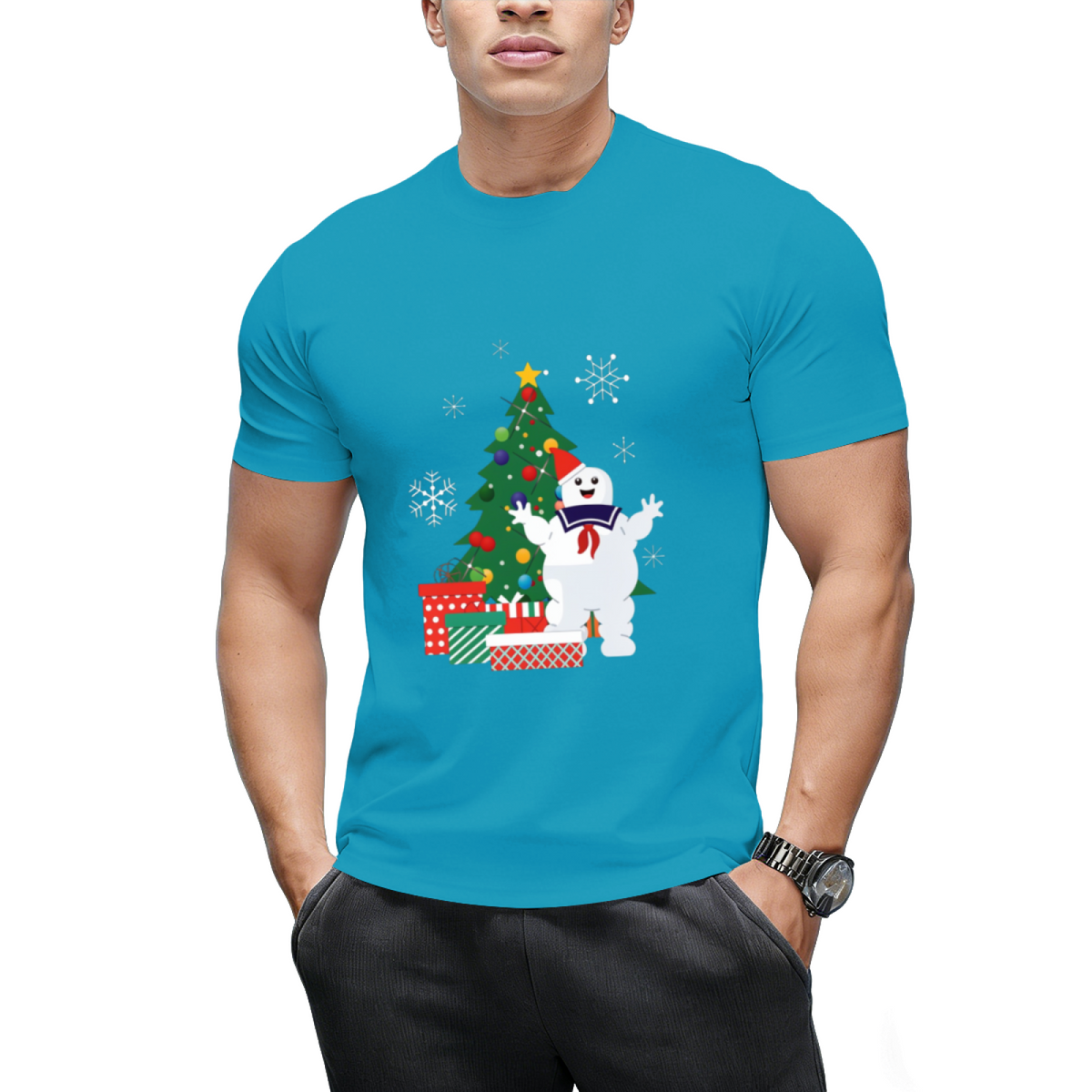Stay Puft Ghostbusters Around the Christmas Tree Graphic T-Shirt