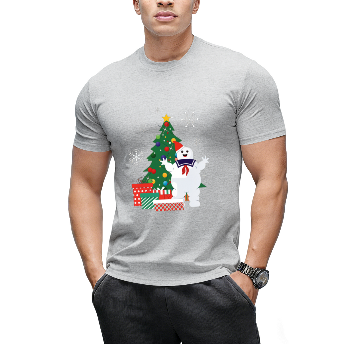 Stay Puft Ghostbusters Around the Christmas Tree Graphic T-Shirt