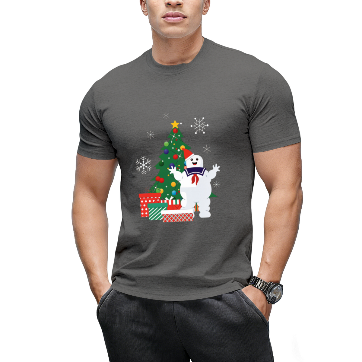 Stay Puft Ghostbusters Around the Christmas Tree Graphic T-Shirt