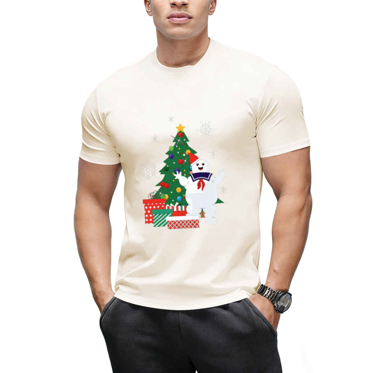 Stay Puft Ghostbusters Around the Christmas Tree Graphic T-Shirt