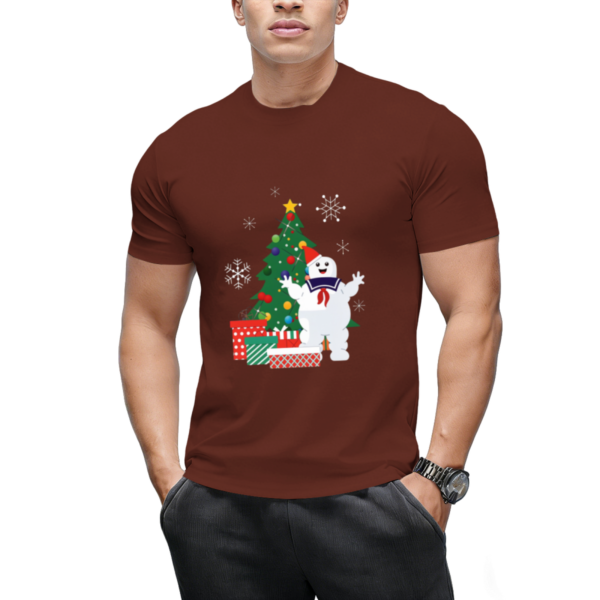 Stay Puft Ghostbusters Around the Christmas Tree Graphic T-Shirt