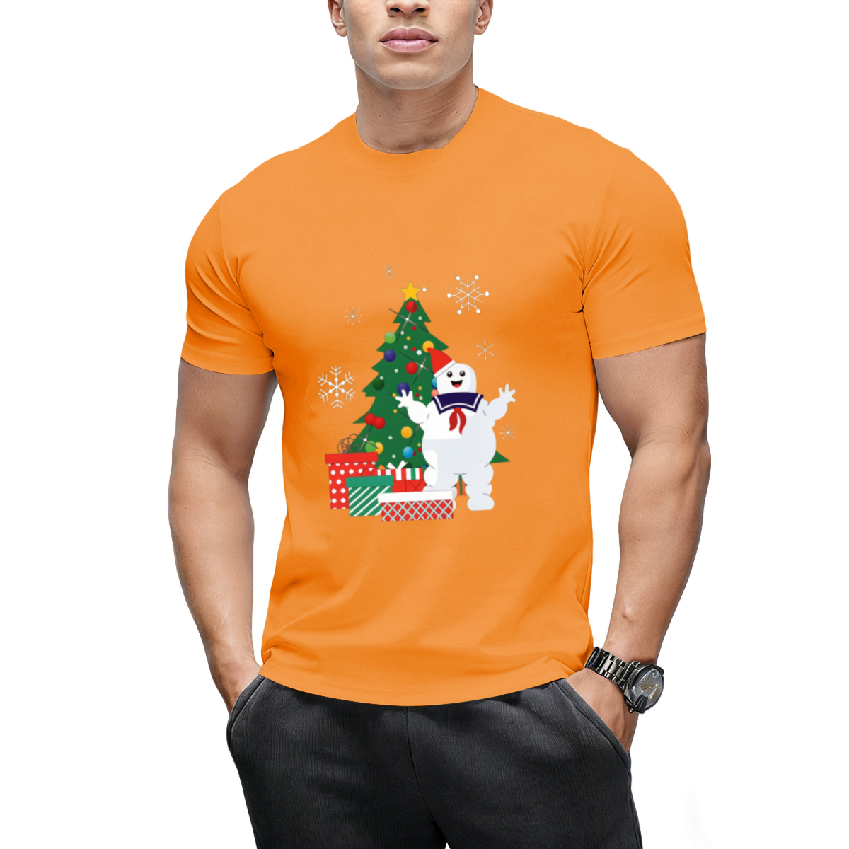 Stay Puft Ghostbusters Around the Christmas Tree Graphic T-Shirt