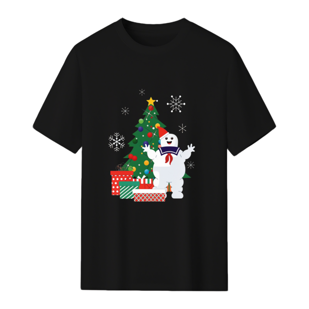 Stay Puft Ghostbusters Around the Christmas Tree Graphic T-Shirt