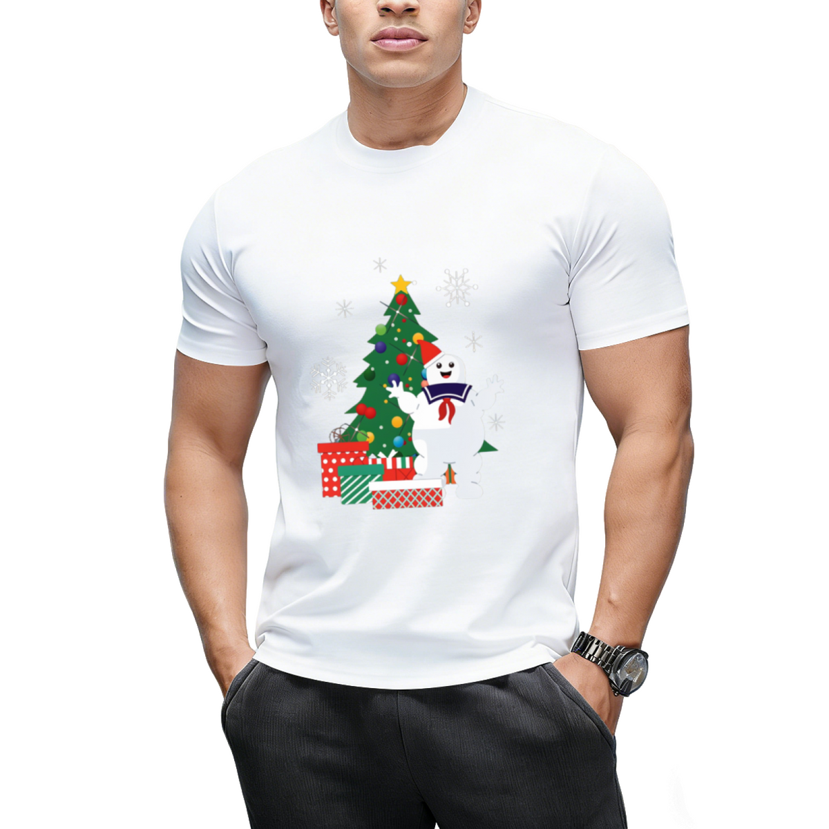Stay Puft Ghostbusters Around the Christmas Tree Graphic T-Shirt