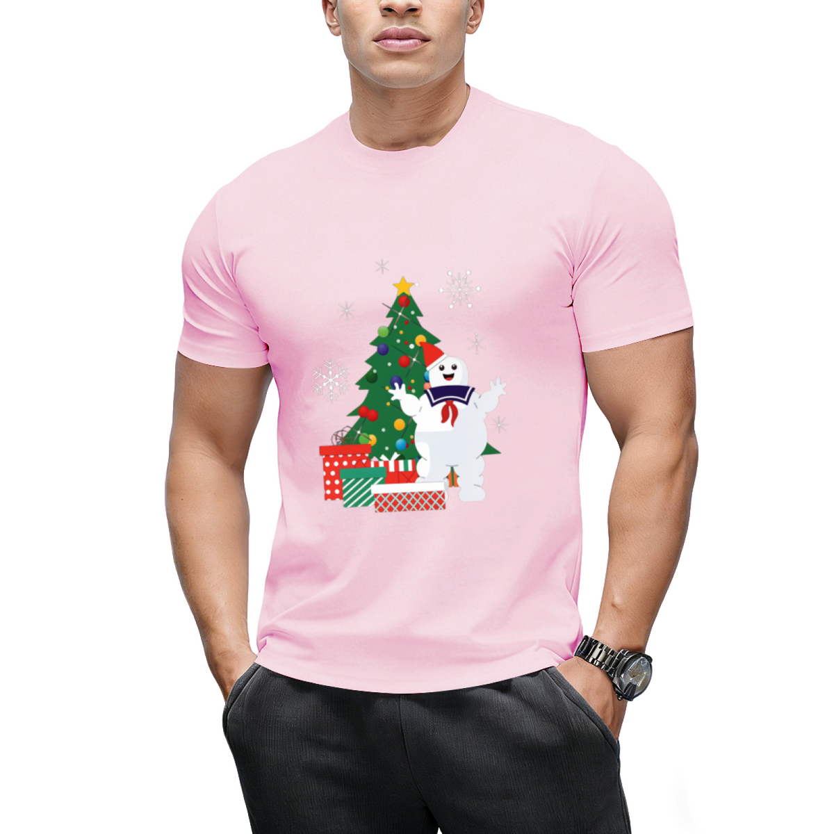 Stay Puft Ghostbusters Around the Christmas Tree Graphic T-Shirt