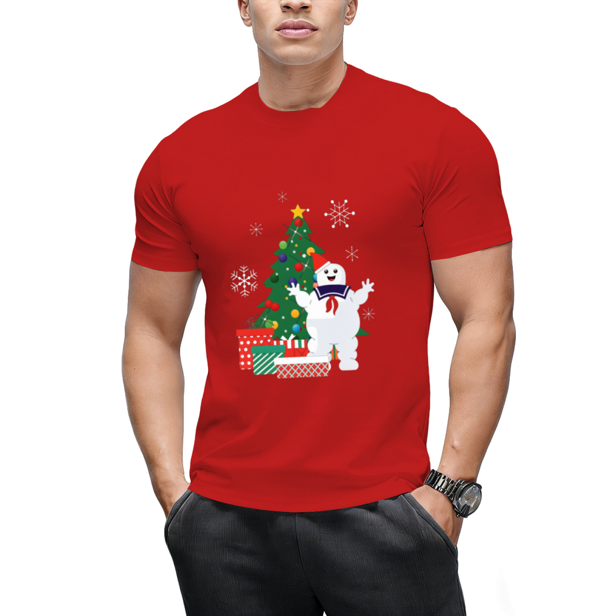 Stay Puft Ghostbusters Around the Christmas Tree Graphic T-Shirt