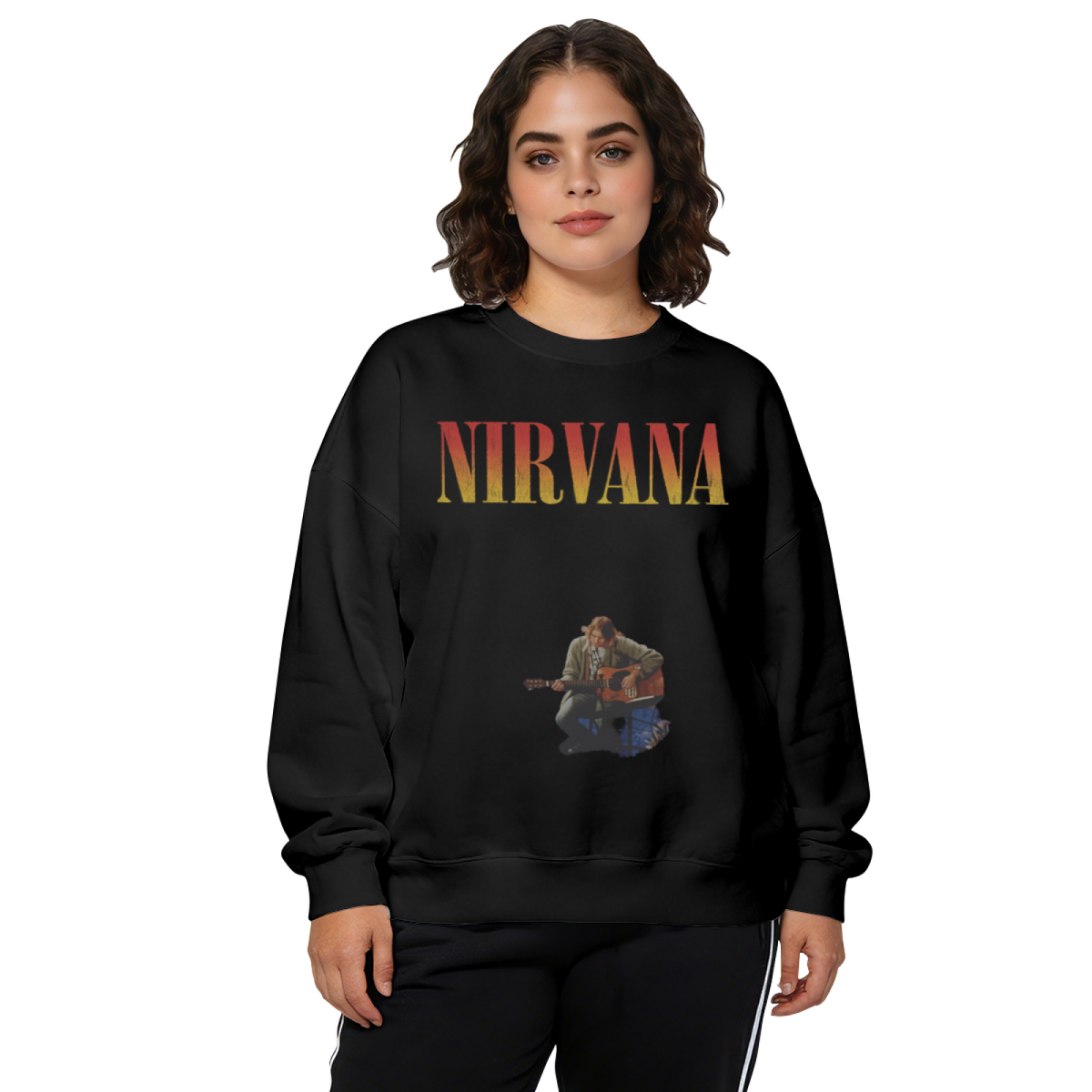 Crewneck sweatshirt product image with Kurt Cobain acoustic-guitar performance