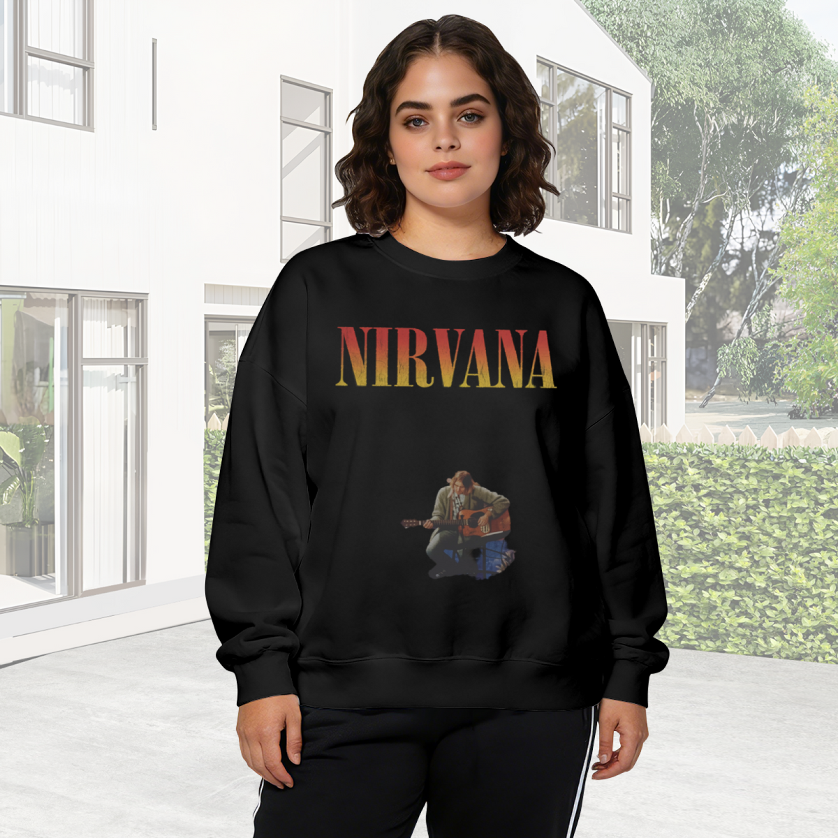 Crewneck sweatshirt product image with Kurt Cobain acoustic-guitar performance