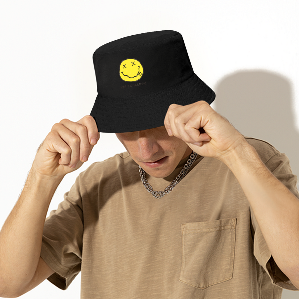 Bucket hat product image showing I’m So Happy smiley text design