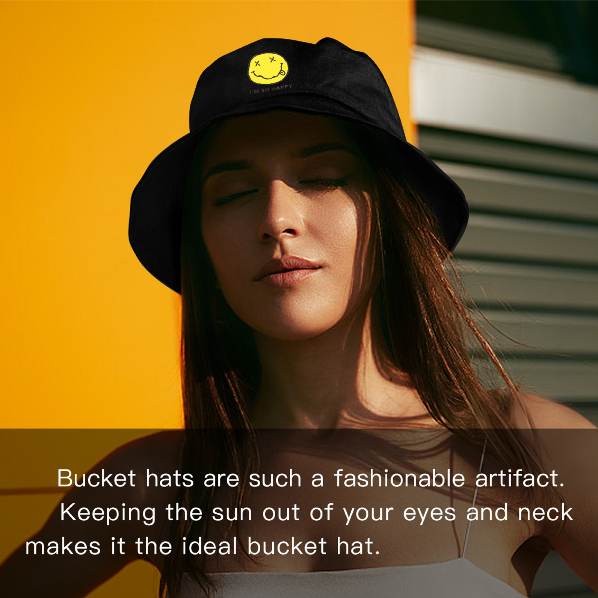 Nirvana I’m So Happy Smiley Bucket Hat design with a smiley-face graphic paired with the I’m So Happy wording