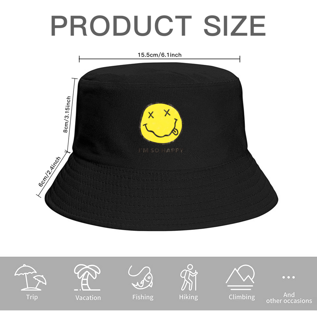 Nirvana I’m So Happy Smiley Bucket Hat product image with I’m So Happy smiley text design