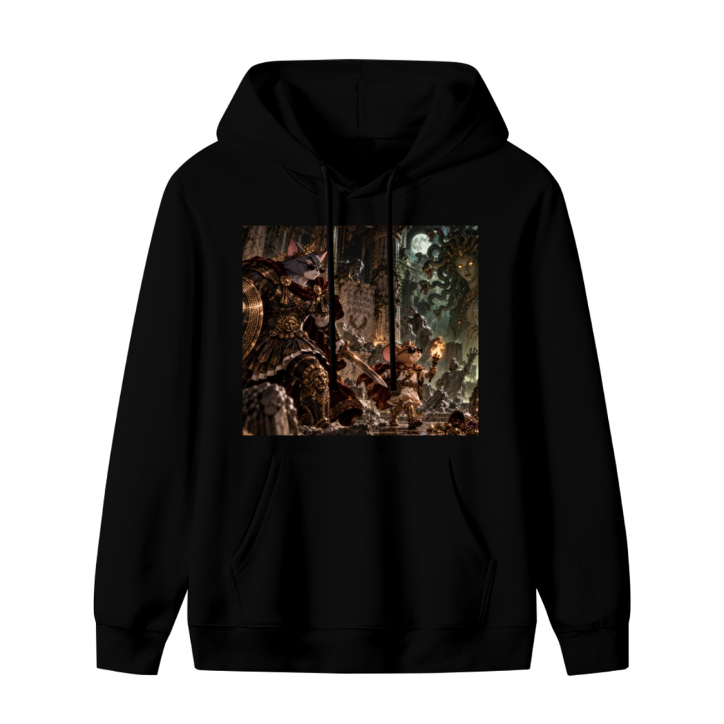 Standalone men's hoodie front displaying a graphic of a shield-bearing cat confronting a large monster in a fantasy scene