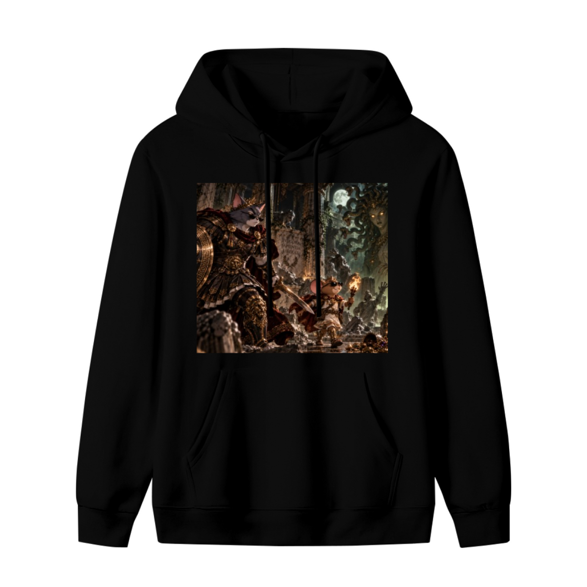 Standalone men's hoodie front displaying a graphic of a shield-bearing cat confronting a large monster in a fantasy scene