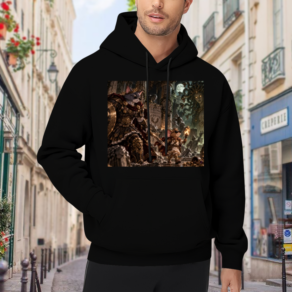 Men's hoodie worn outside, with the camera facing the graphic of a shield-bearing cat confronting a large monster in a fantasy scene