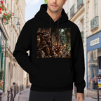 Men's hoodie worn outside, with the camera facing the graphic of a shield-bearing cat confronting a large monster in a fantasy scene