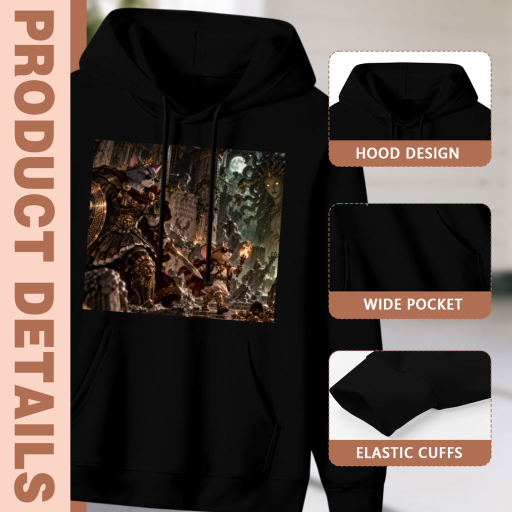 Construction-detail card for the men's Feline Defense against a Beast hoodie, including the hood, front pouch and cuff edges