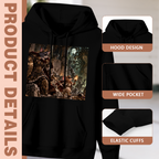 Construction-detail card for the men's Feline Defense against a Beast hoodie, including the hood, front pouch and cuff edges