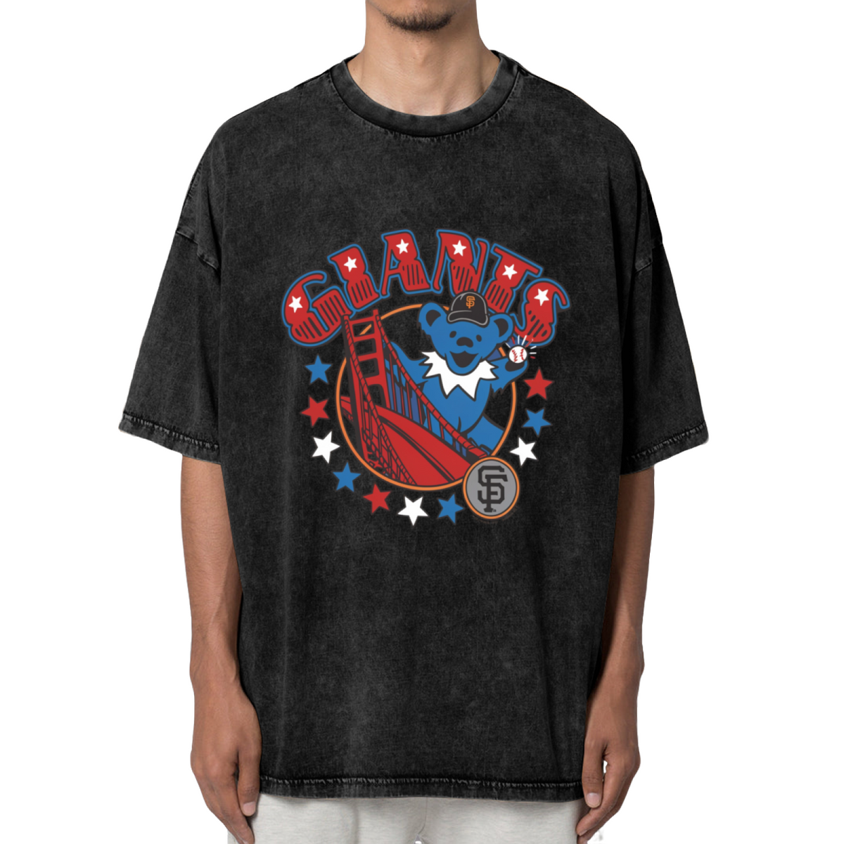 Front view of a dark washed graphic T-shirt featuring Grateful Dead bear and bridge artwork