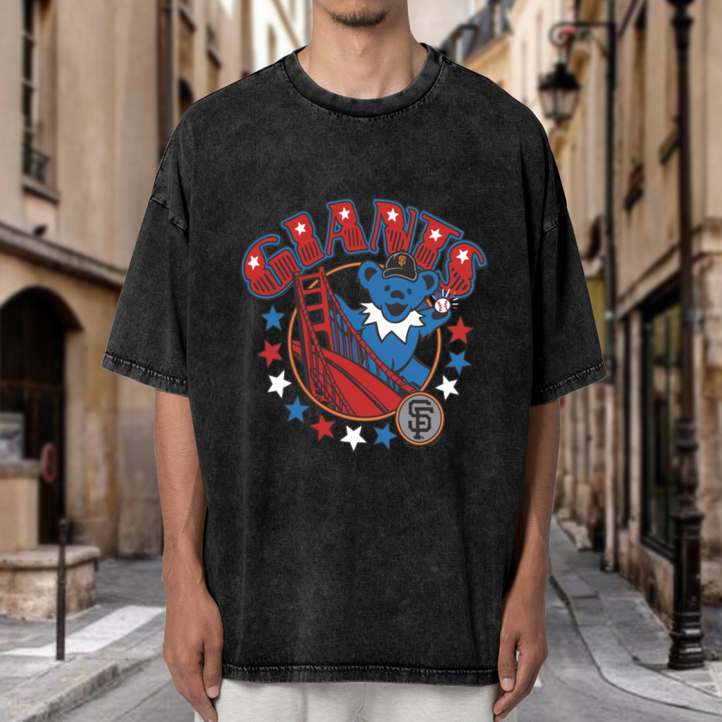 Product image of a washed graphic T-shirt featuring Grateful Dead bear and bridge artwork