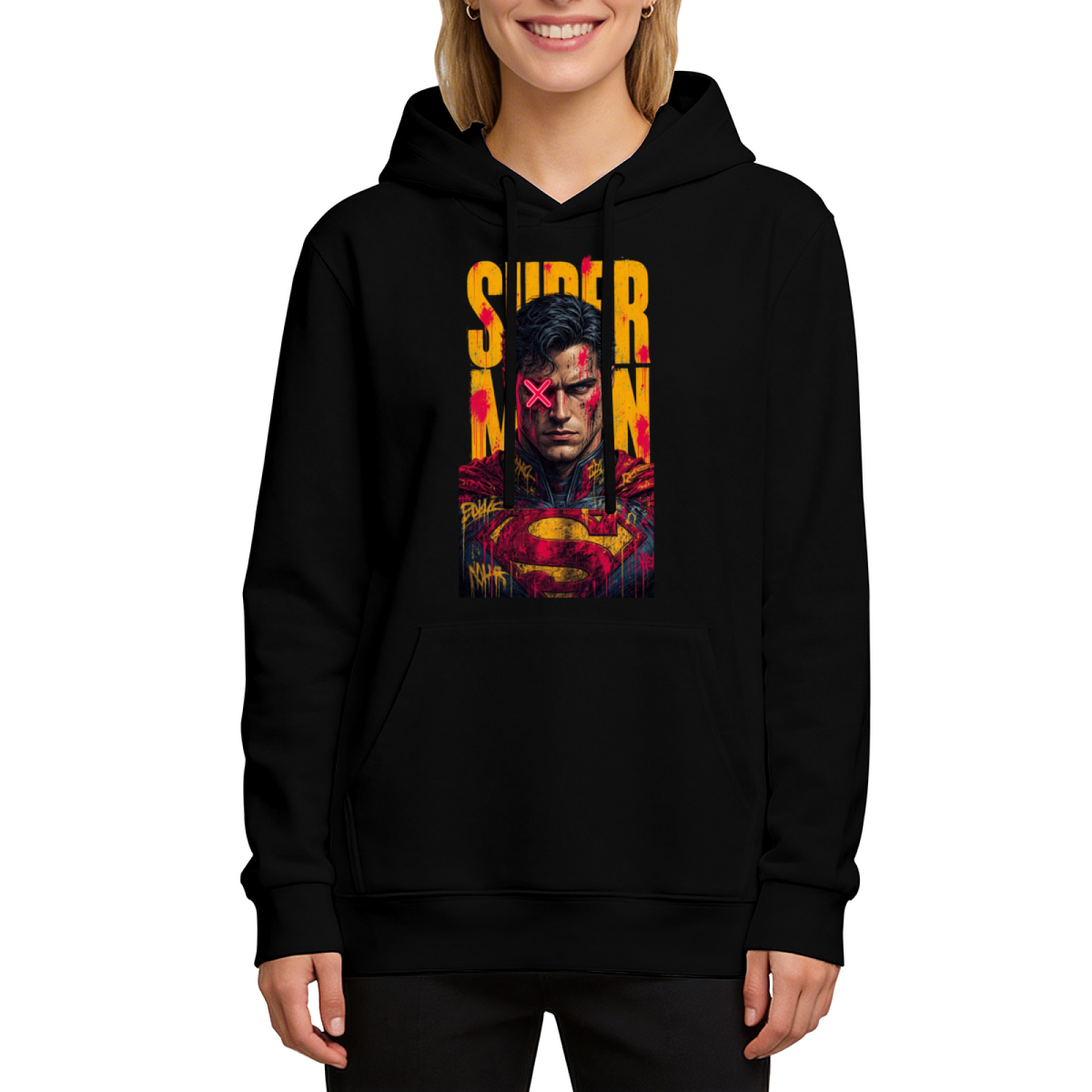 A tall caped graffiti portrait with a pink X across the eyes printed on a women's hoodie, shown in a front model photo