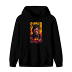 Unworn women's hoodie, front view of the design depicting a tall caped graffiti portrait with a pink X across the eyes