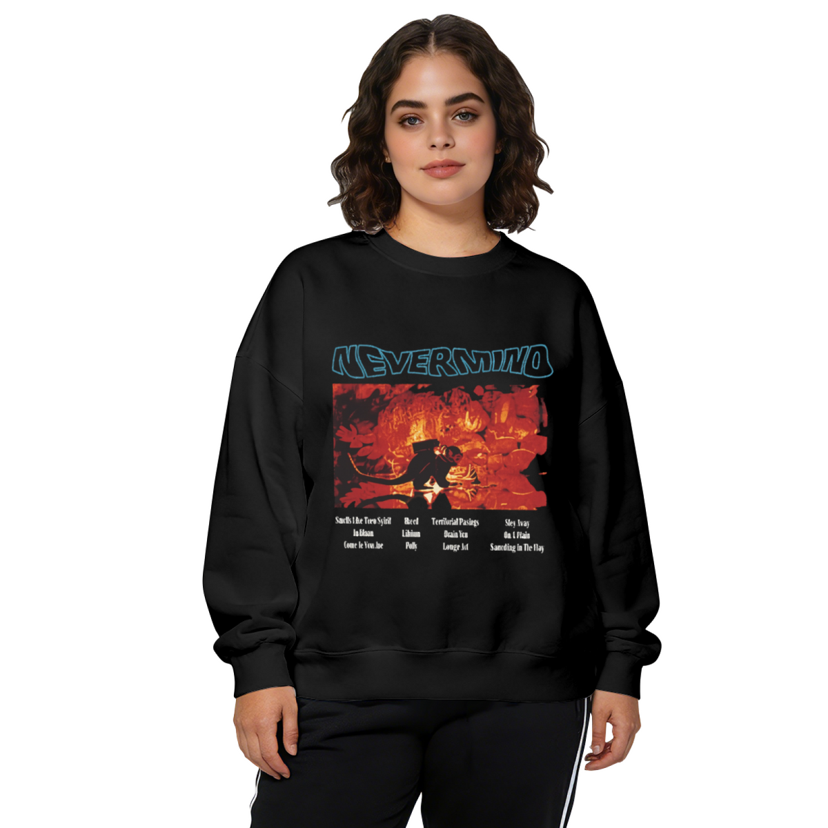 Crewneck sweatshirt product image with red-toned Nevermind album graphic