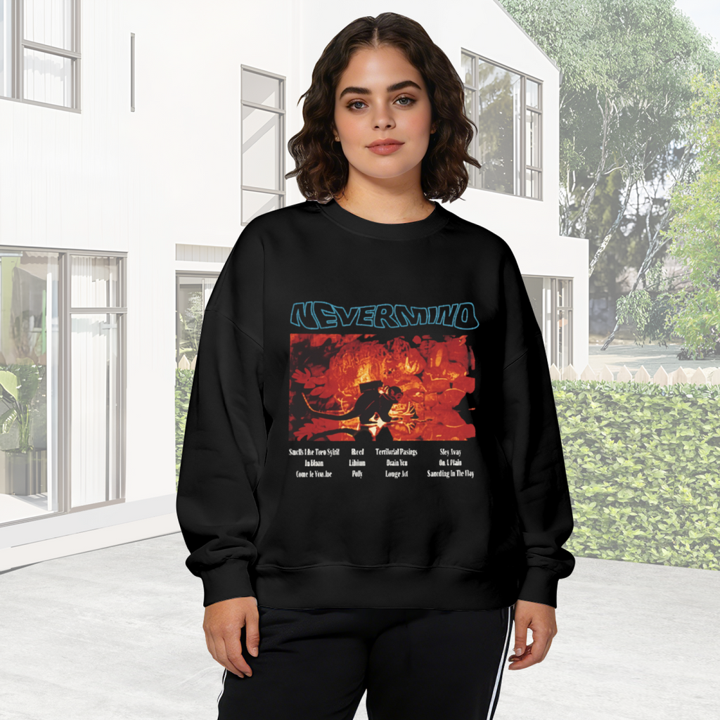 Crewneck sweatshirt product image with red-toned Nevermind album graphic