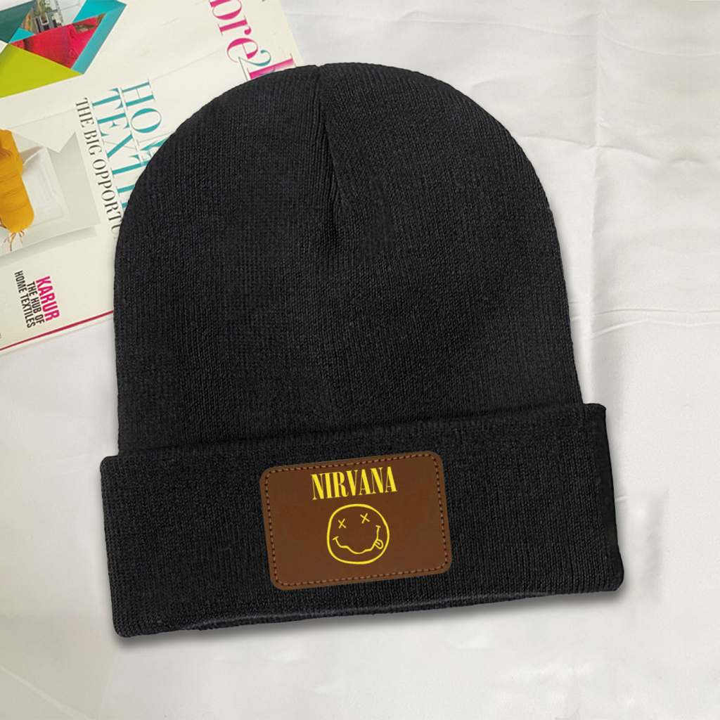 Nirvana Classic Smiley Face Knit Beanie – Nirvana-themed rectangular patch beanie product image, DarkGray option