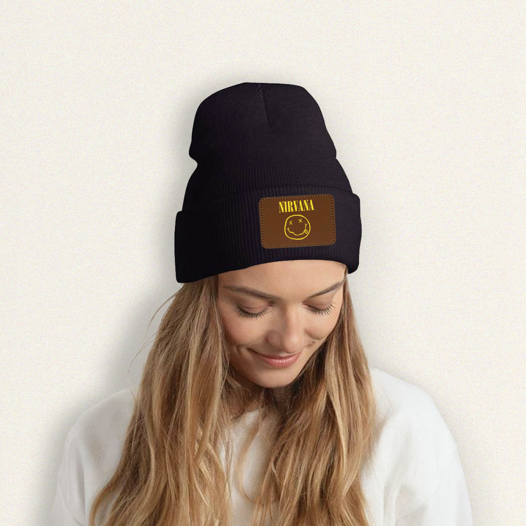 Nirvana Classic Smiley Face Knit Beanie – Nirvana-themed rectangular patch beanie product image, White option
