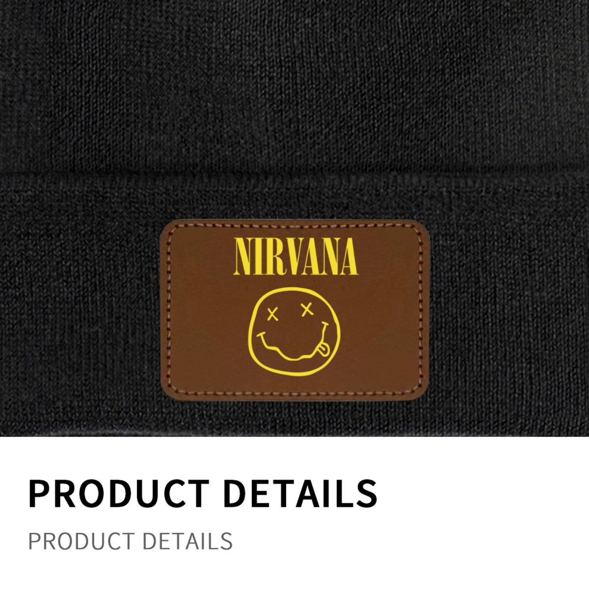 Nirvana Classic Smiley Face Knit Beanie – Nirvana-themed rectangular patch beanie product image, Red option