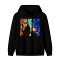 Front garment photograph: men's hoodie decorated with two travelers between contrasting warm and cool city scenes