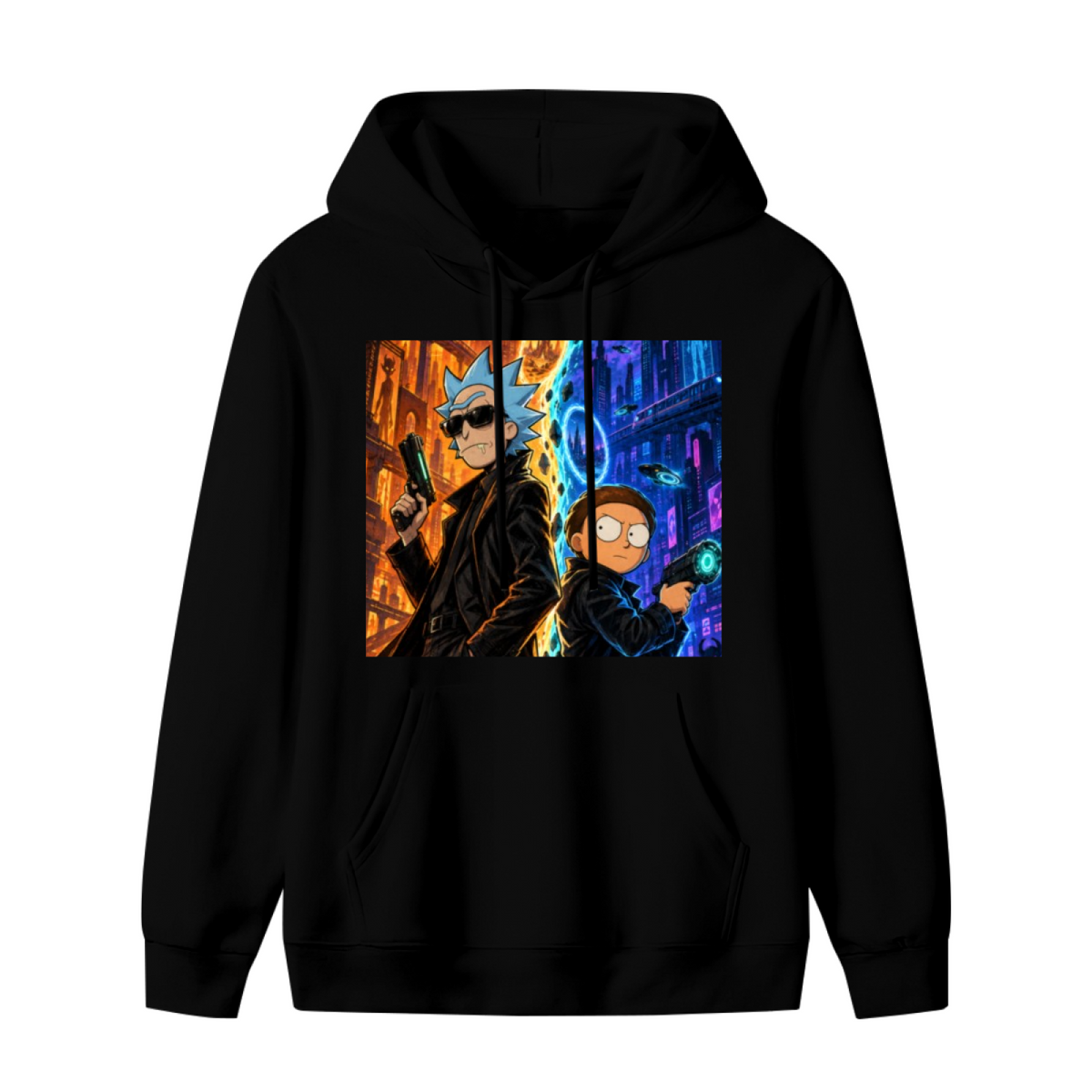 Front garment photograph: men's hoodie decorated with two travelers between contrasting warm and cool city scenes