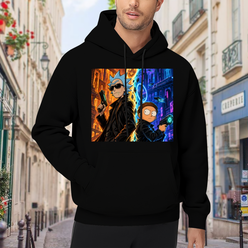 Two travelers between contrasting warm and cool city scenes visible on a men's hoodie in an outdoor front model view