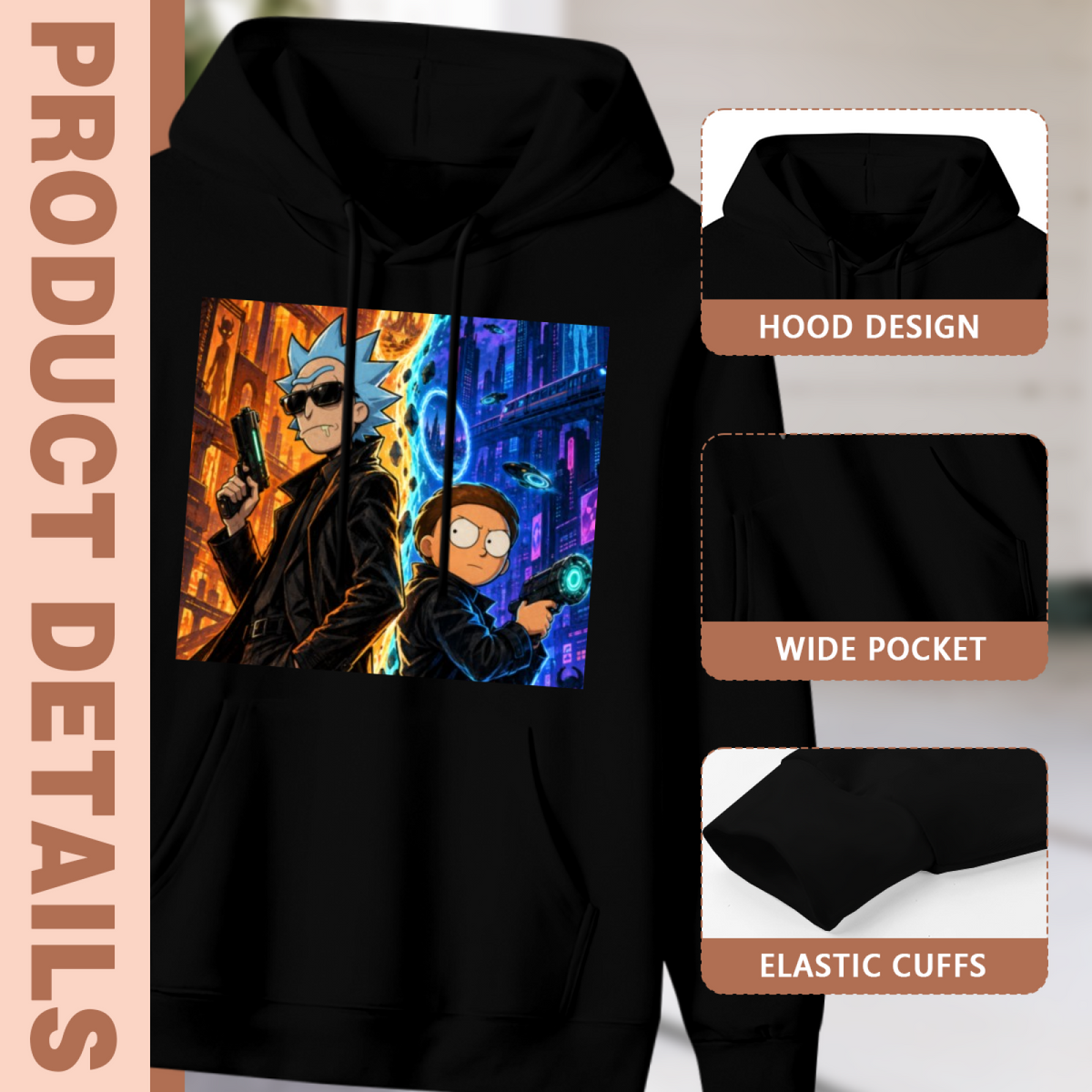Men's Divided City Expedition hoodie product-feature illustration with close views of the hood, pocket and cuffs