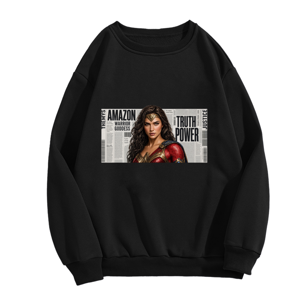 Front garment photograph: women's crewneck sweatshirt decorated with a determined warrior portrait over large newspaper-style lettering