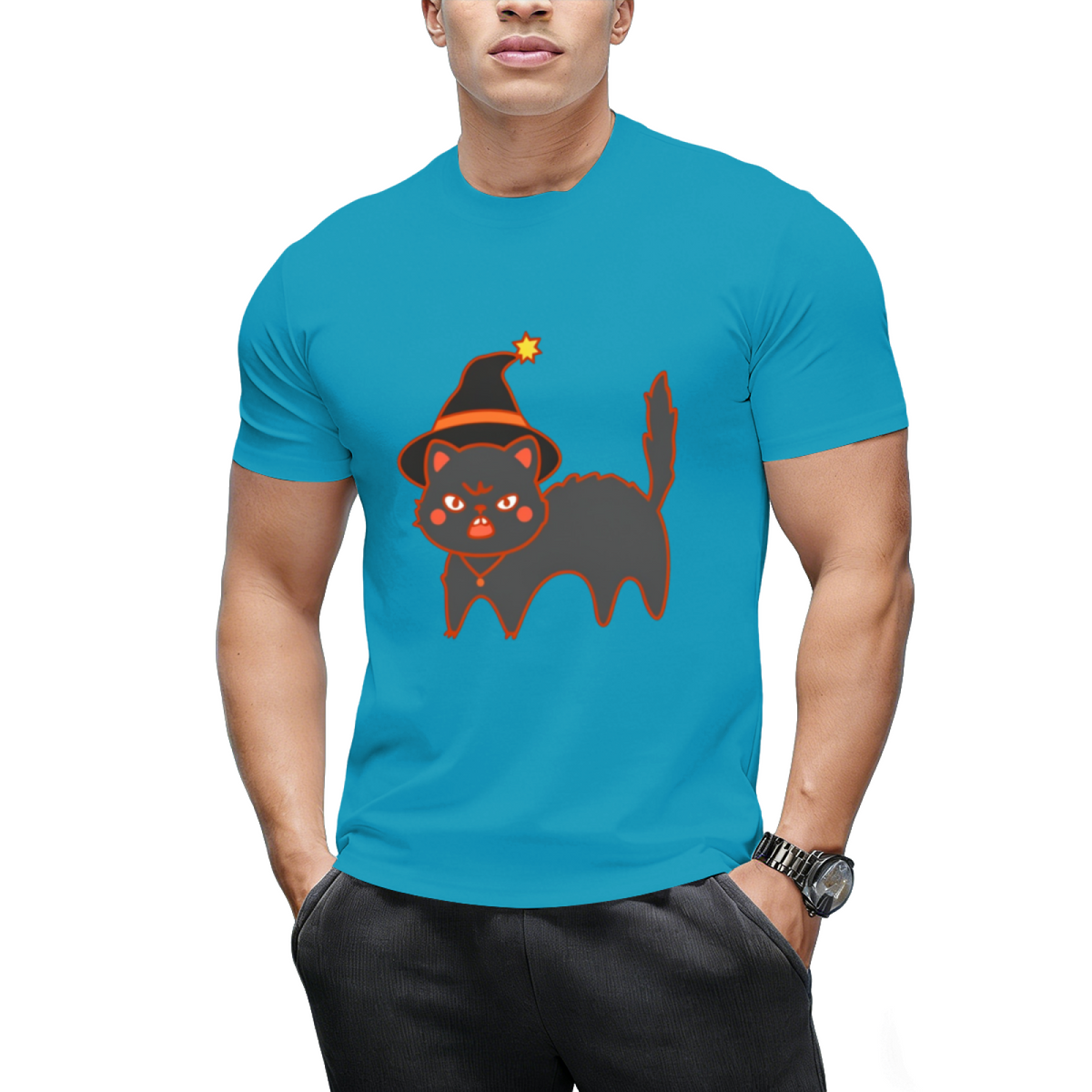 Star Hat Witch Cat Graphic T-Shirt