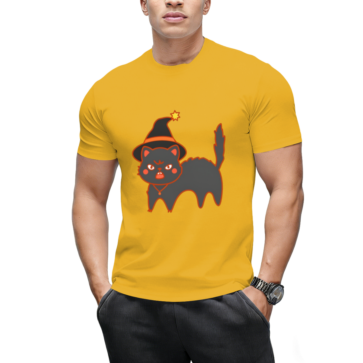 Star Hat Witch Cat Graphic T-Shirt