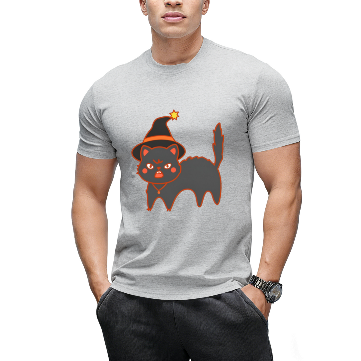 Star Hat Witch Cat Graphic T-Shirt