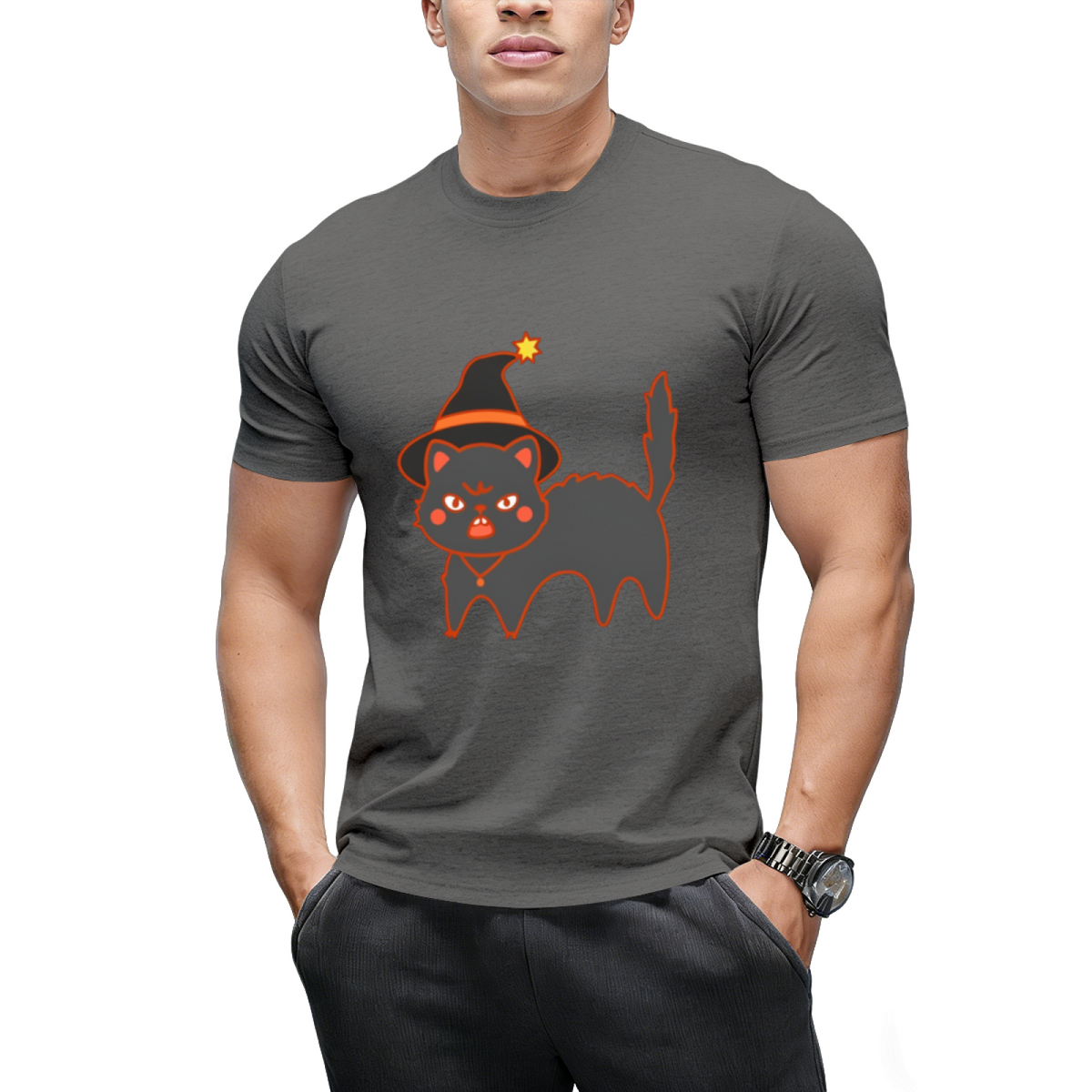 Star Hat Witch Cat Graphic T-Shirt