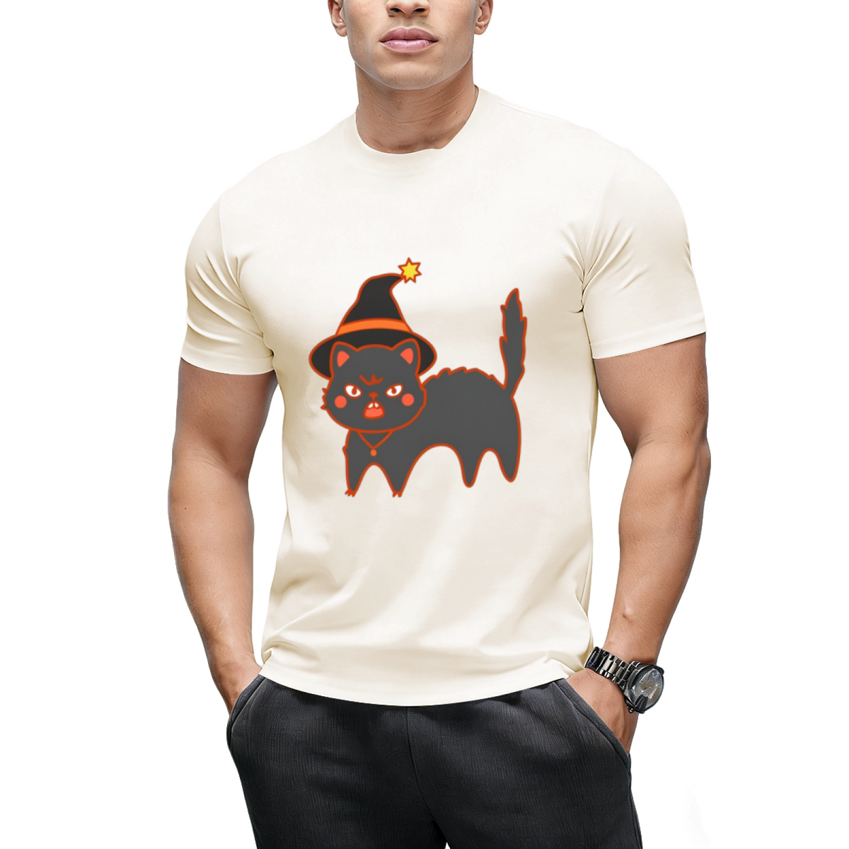Star Hat Witch Cat Graphic T-Shirt