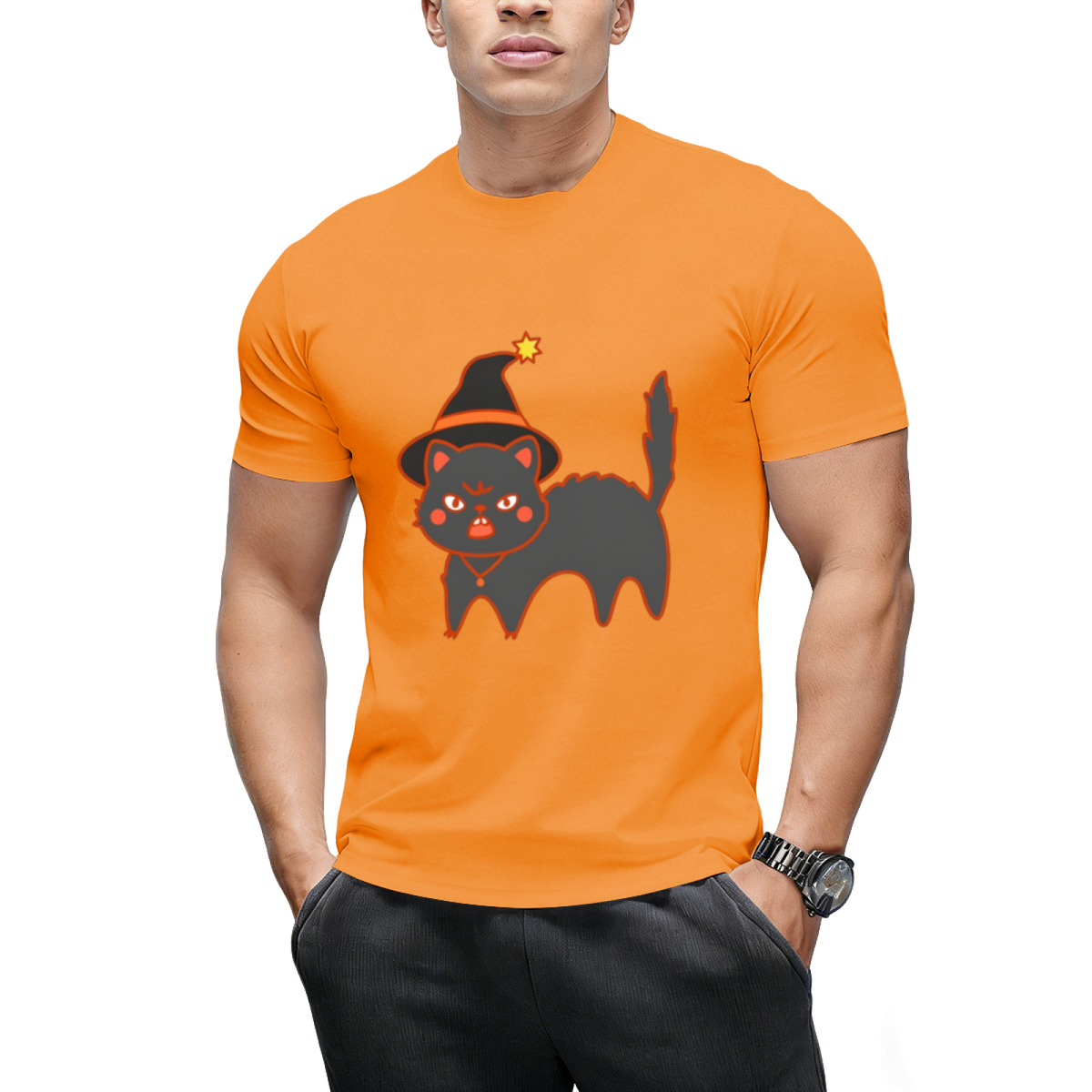 Star Hat Witch Cat Graphic T-Shirt