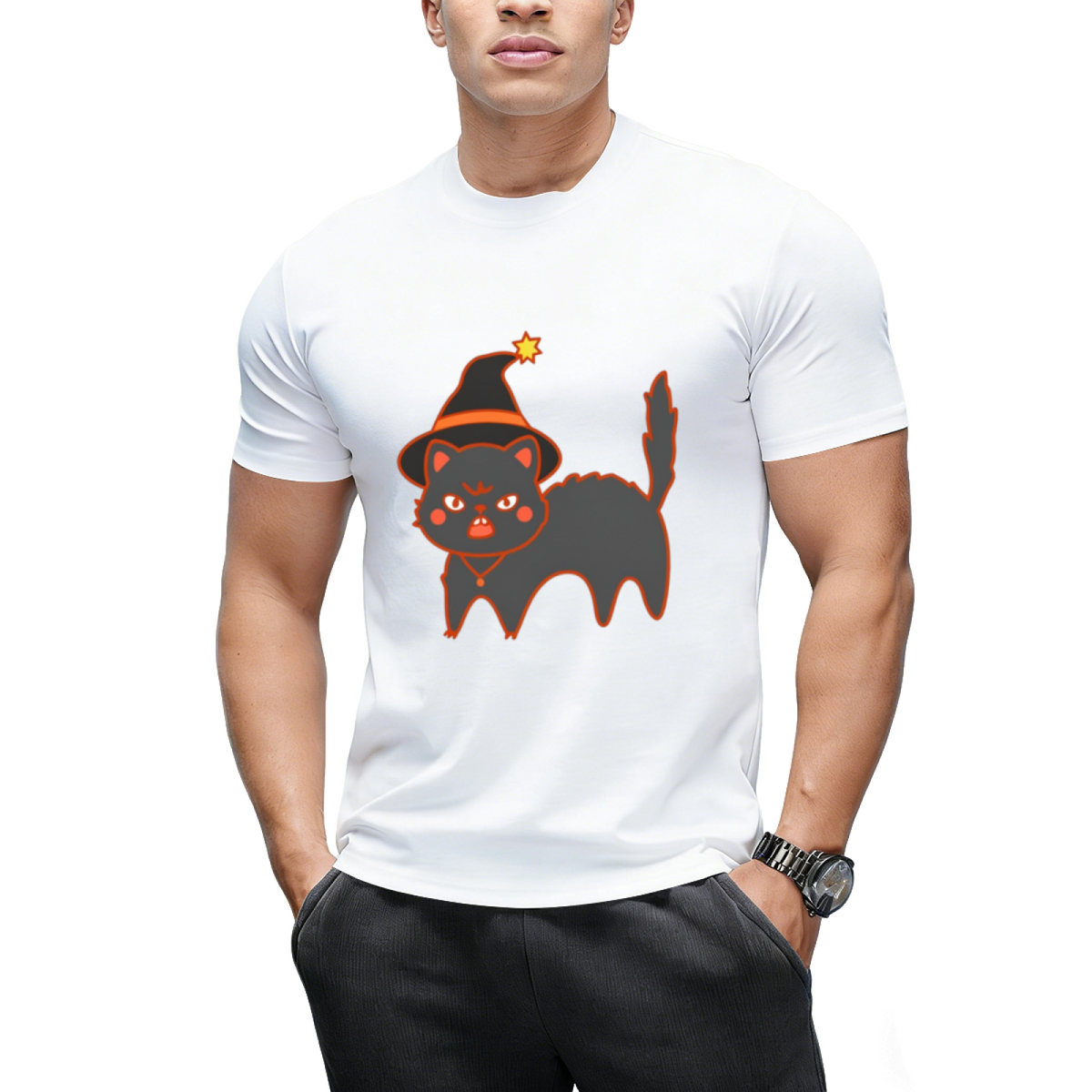 Star Hat Witch Cat Graphic T-Shirt