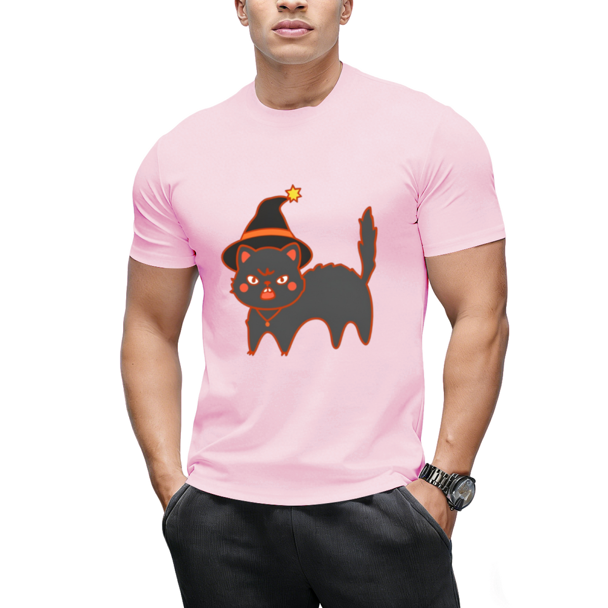 Star Hat Witch Cat Graphic T-Shirt