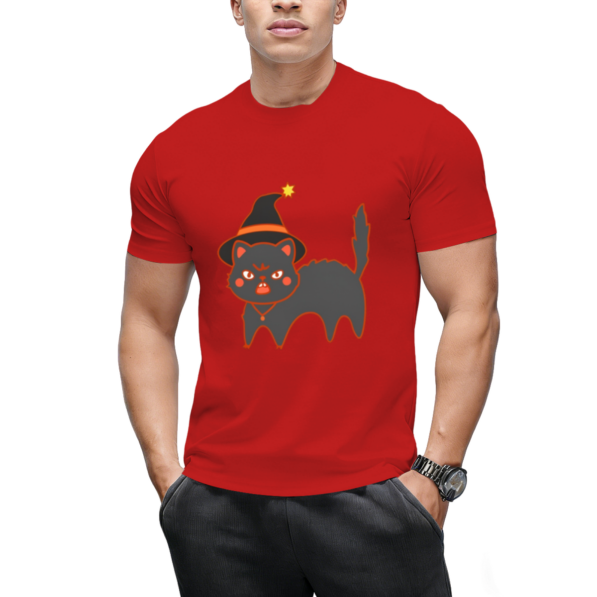 Star Hat Witch Cat Graphic T-Shirt