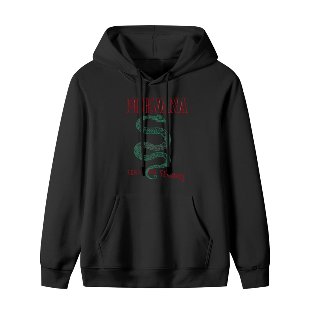 Hoodie product image with serve the servants green snake artwork, black colorway
