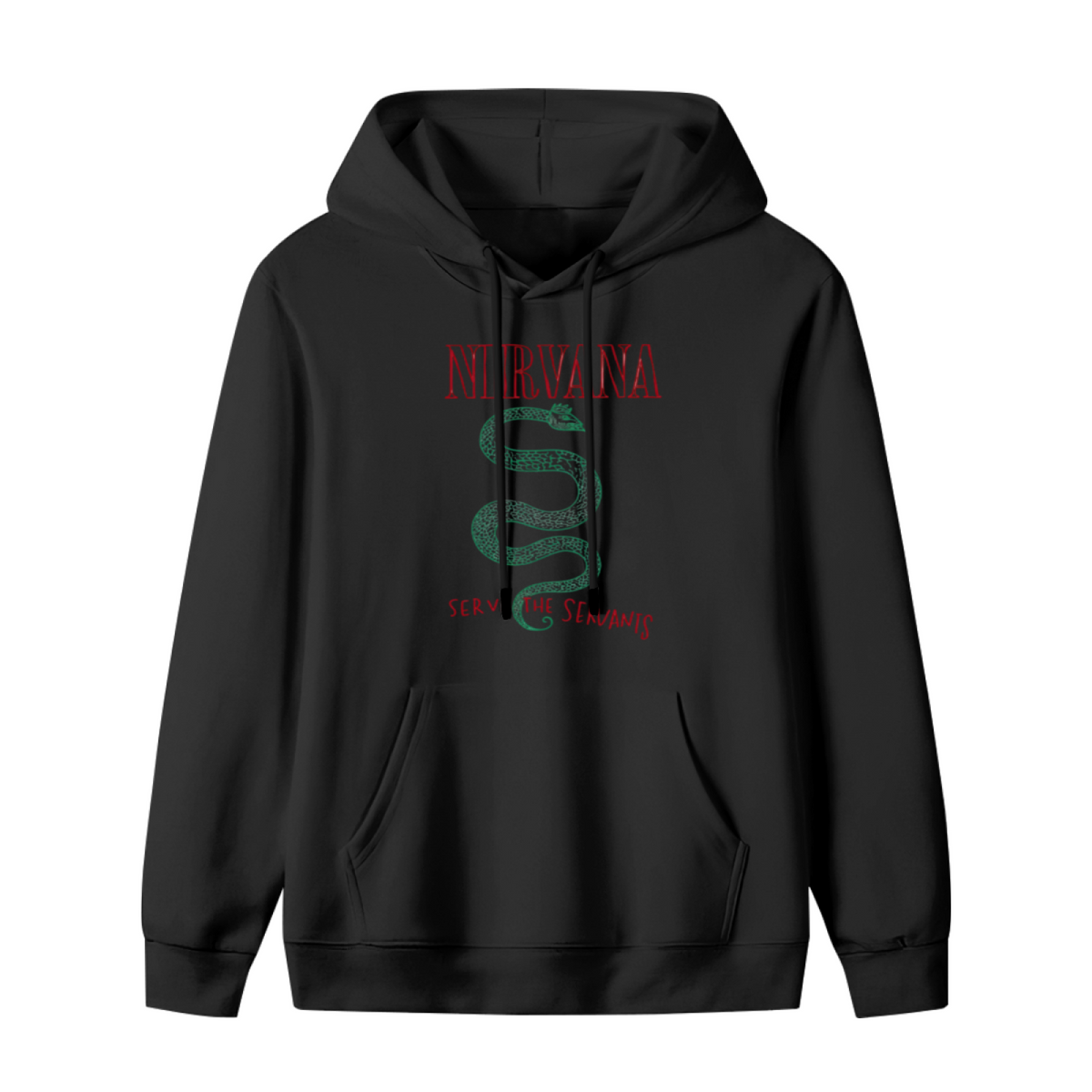 Hoodie product image with serve the servants green snake artwork, black colorway