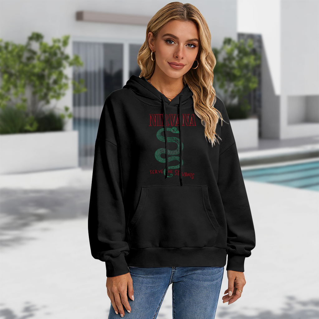 Hoodie product image with serve the servants green snake artwork