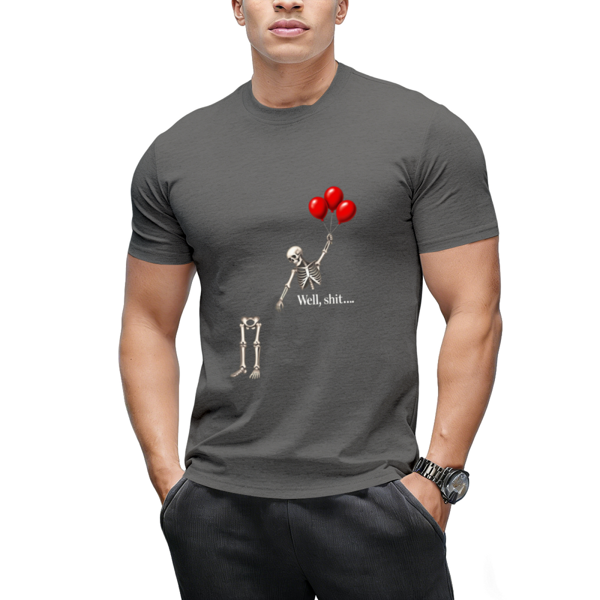 Skeleton with Three Red Balloons Graphic T-Shirt