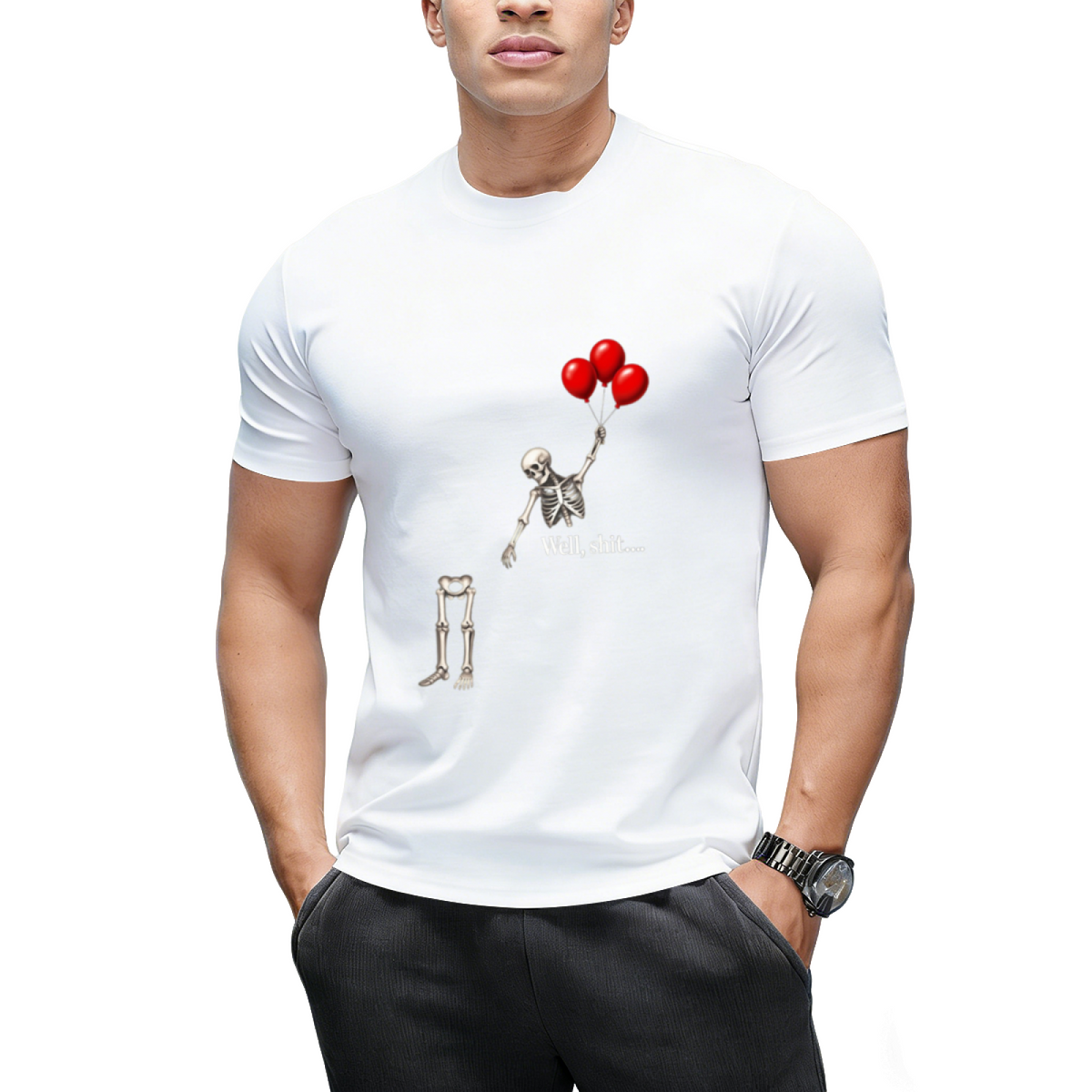 Skeleton with Three Red Balloons Graphic T-Shirt
