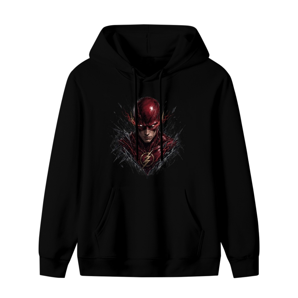 Standalone men's hoodie front displaying a graphic of a scarlet-cowl portrait with shadowed facial details
